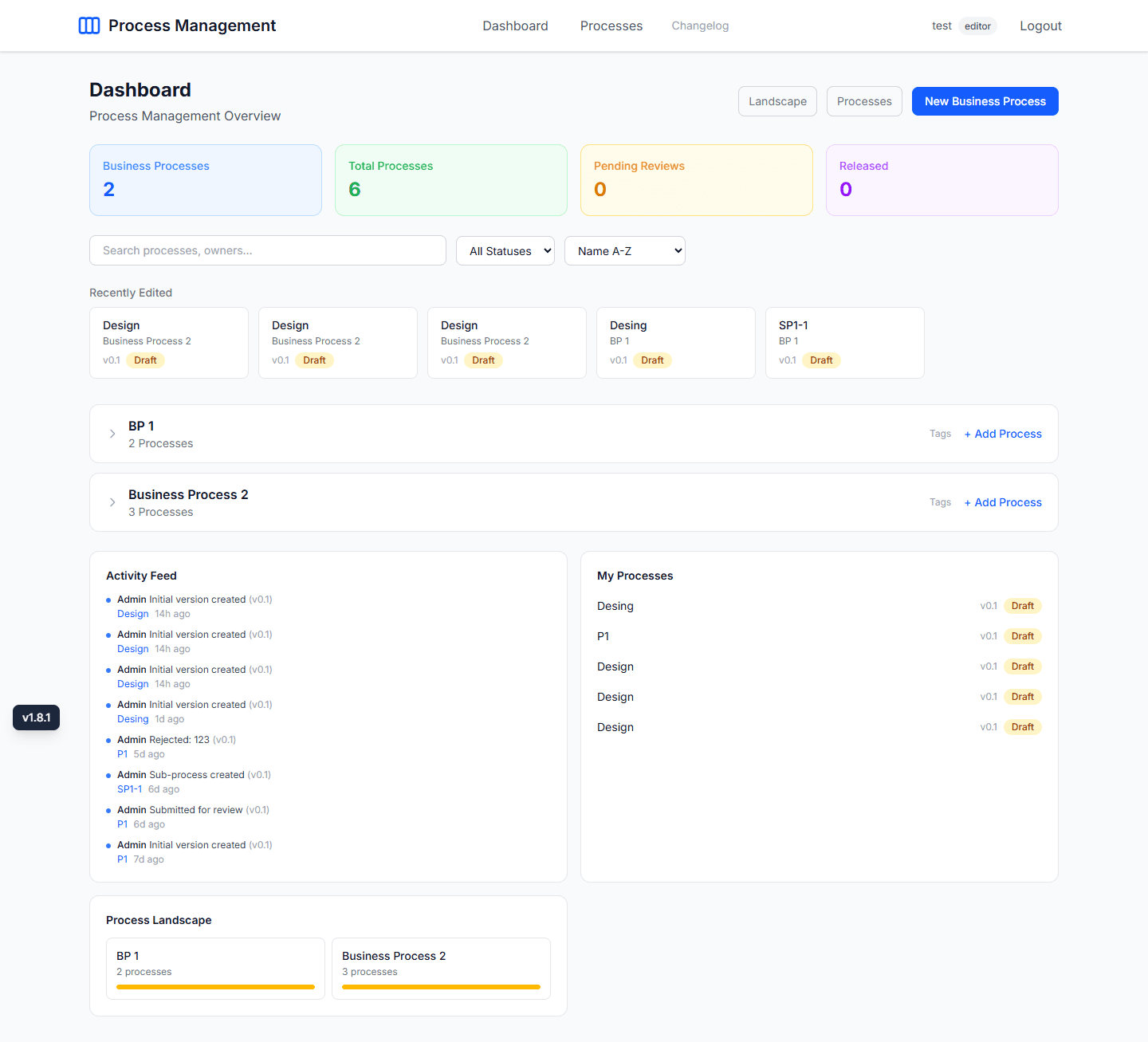 Procezz Dashboard showing stats, activity feed, and process overview
