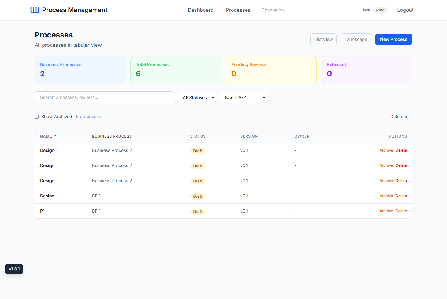 Process Table with sortable columns, archive and column visibility toggle